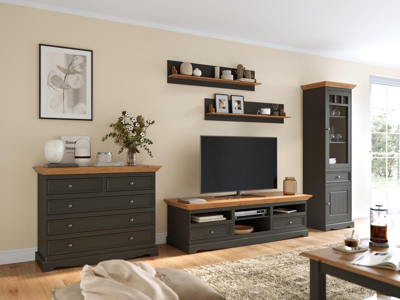 Belluno Elegante Massivholz Lowboard mit 2 Schubladen 167 cm Grafit / Kiefer