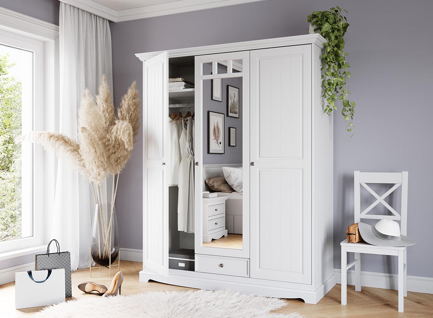 Belluno Elegante Massivholz Kleiderschrank 3-türig mit Spiegel Weiß