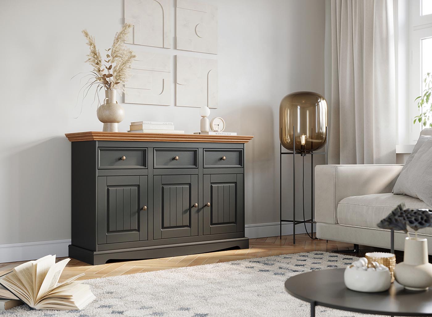 Belluno Elegante Massivholz Sideboard Grafit / Eiche