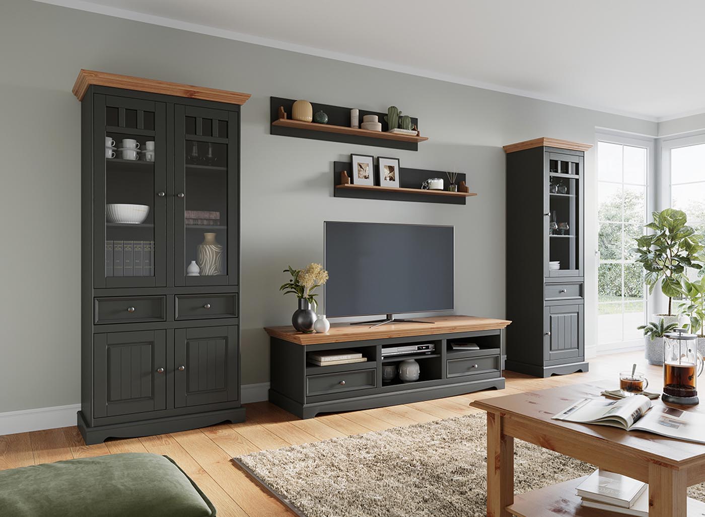 Belluno Elegante Massivholz Regal, 2er-Set Wandregal Grafit / Kiefer