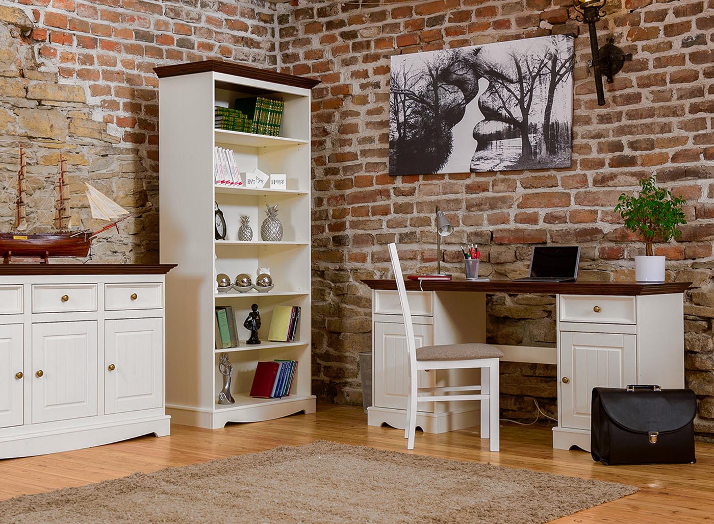 Belluno Elegante Massivholz Schrank 2-türig Weiß / Walnuss