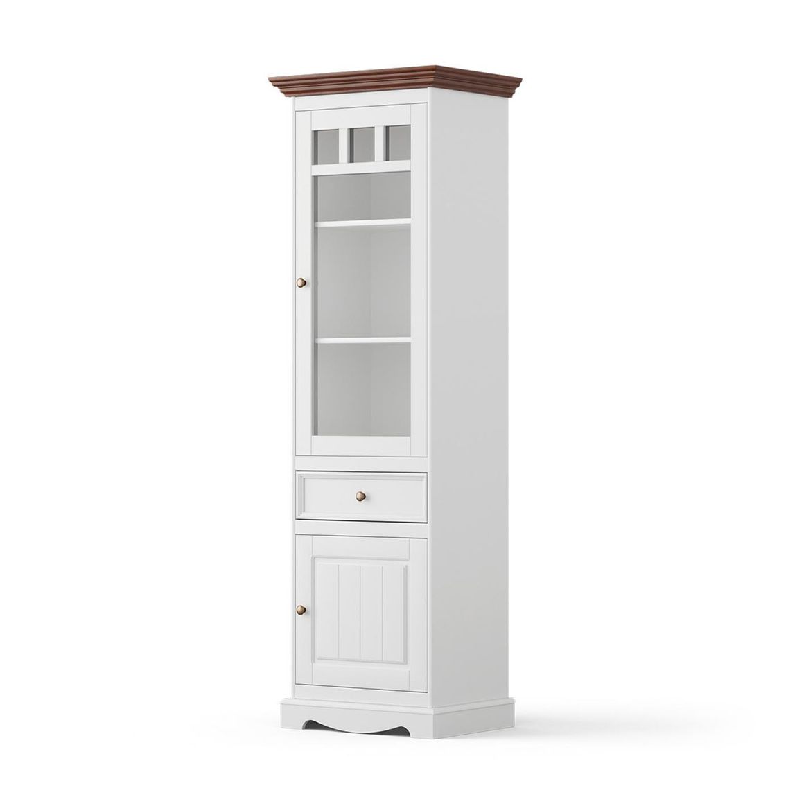 Belluno Elegante Massivholz Vitrine schmal Weiß / Walnuss