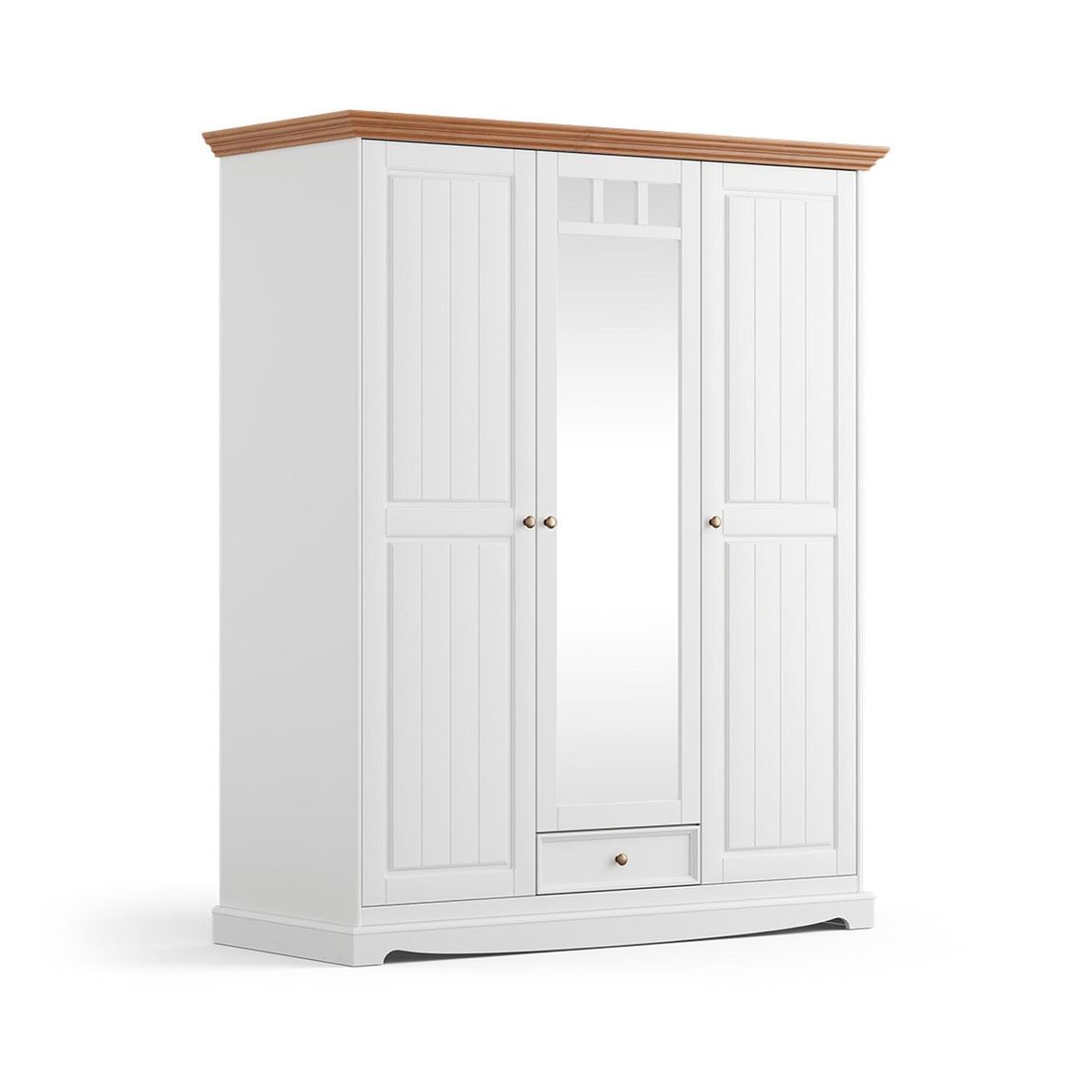 Belluno Elegante Massivholz Kleiderschrank 3-türig mit Spiegel Weiß/Eiche