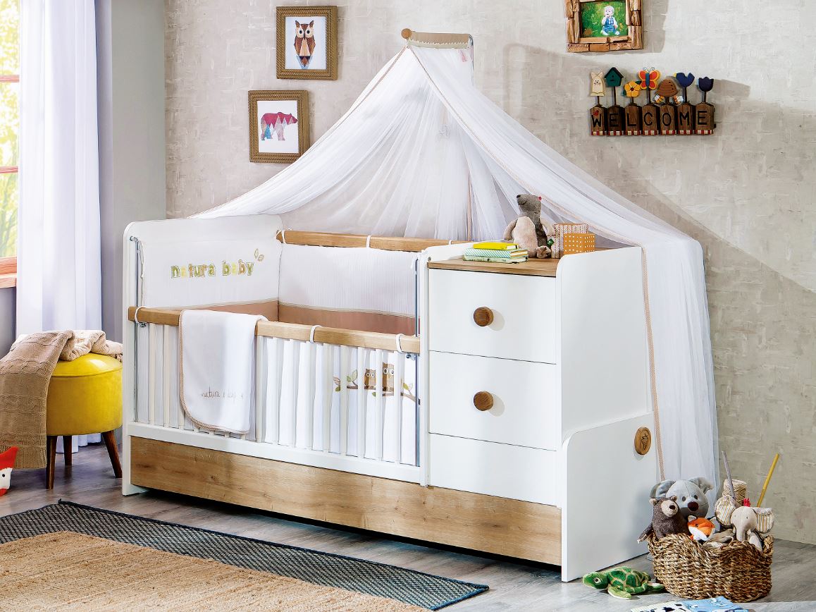 Cilek NATURA BABY Babybett L mitwachsend mit Zubehör Kinderbett Weiß / Natur