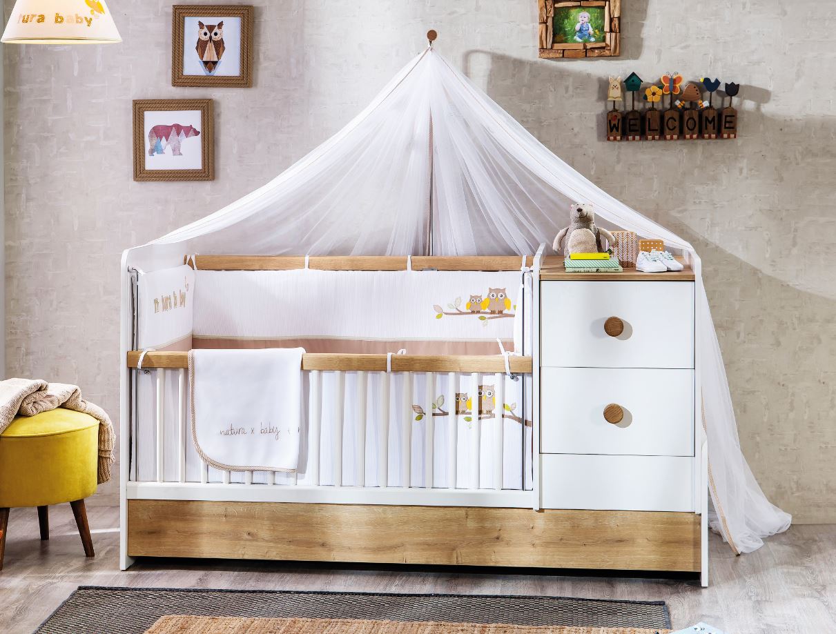 Cilek NATURA BABY Babybett L mitwachsend mit Zubehör Kinderbett Weiß / Natur