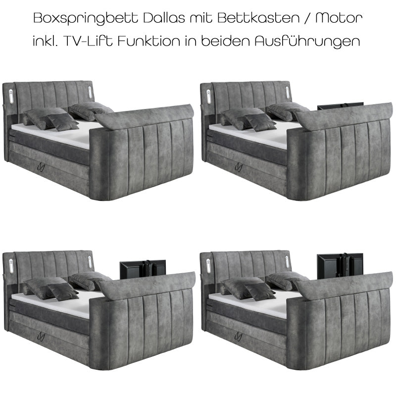 Dallas Boxspringbett 180x200 cm , inkl. Motor & motorisierter TV-Halterung Grau