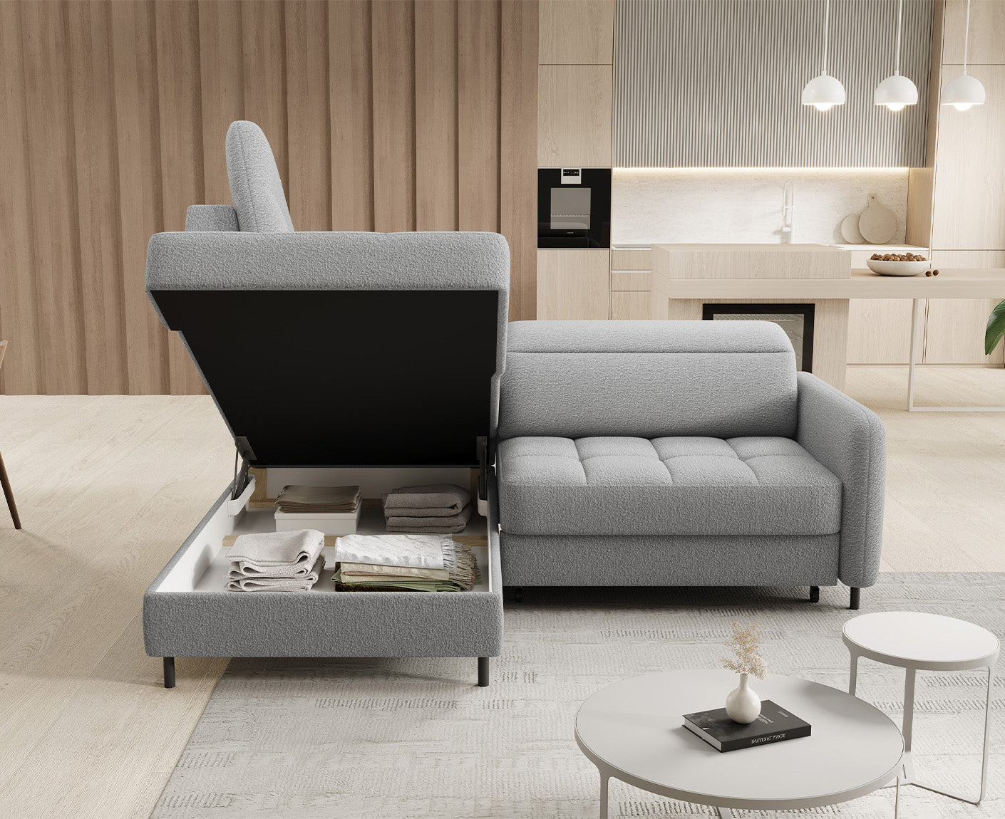 Barea Ecksofa 208x160 cm, mit Schlaffunktion und Bettkasten (Bouclé)