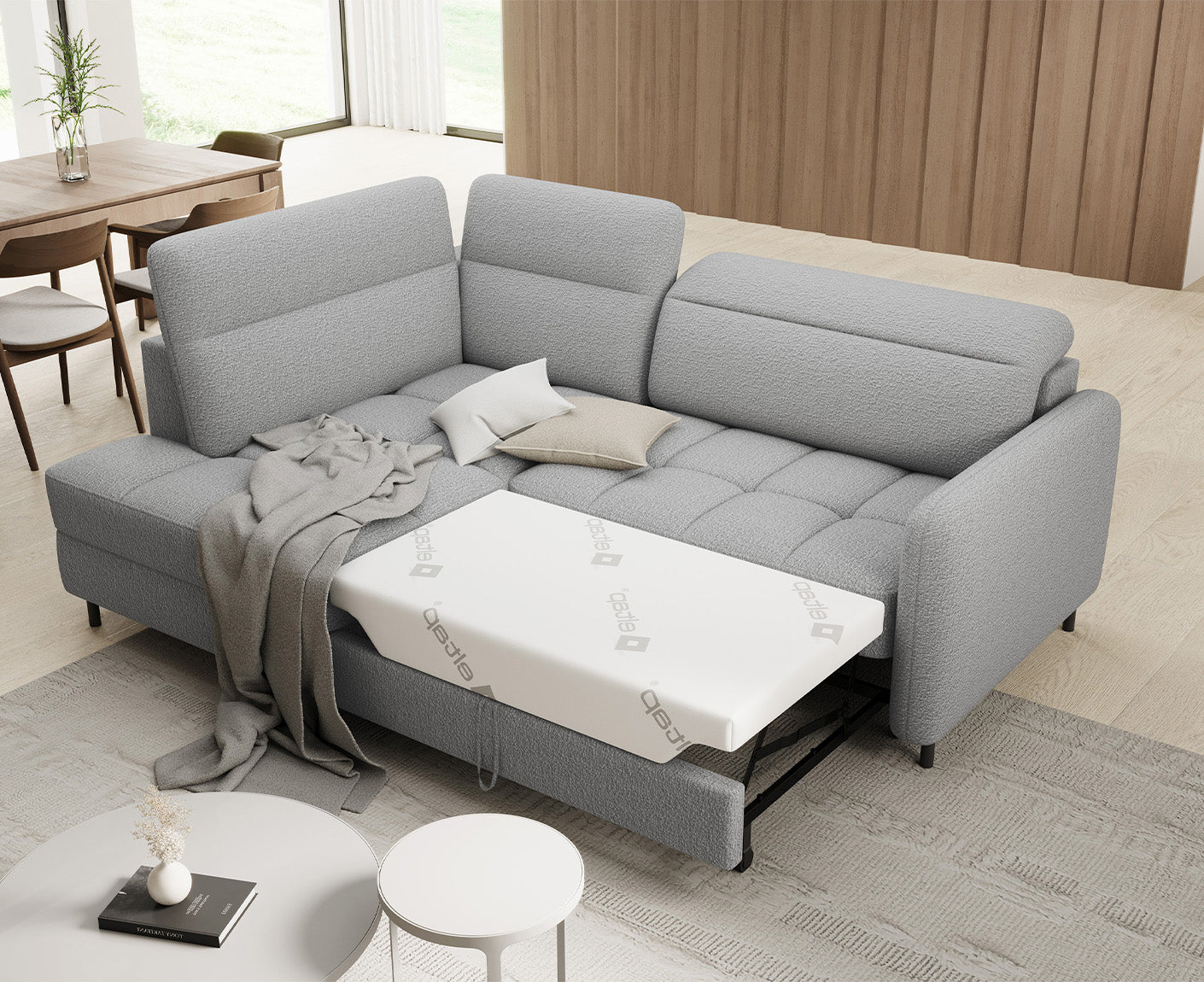 Barea Ecksofa 208x160 cm, mit Schlaffunktion und Bettkasten (Bouclé)