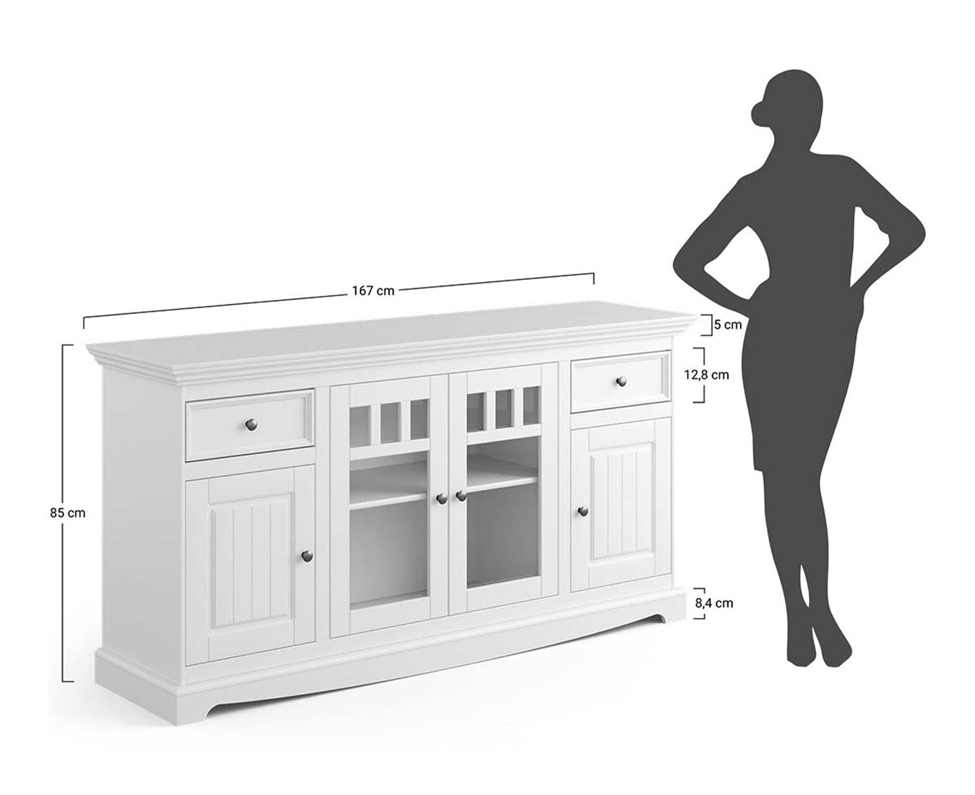 Belluno Elegante Sideboard 167x85 cm Massivholz mit Glasdoppeltür