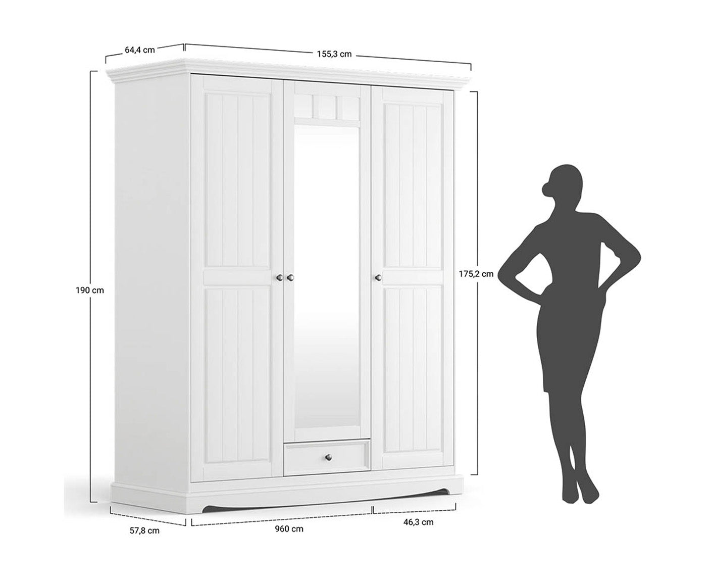 Belluno Elegante Kleiderschrank 3-türig Massivholz mit Spiegel