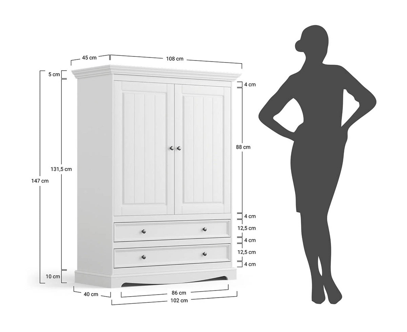Belluno Elegante Kleiderschrank Massivholz 2-türig mit Schubladen