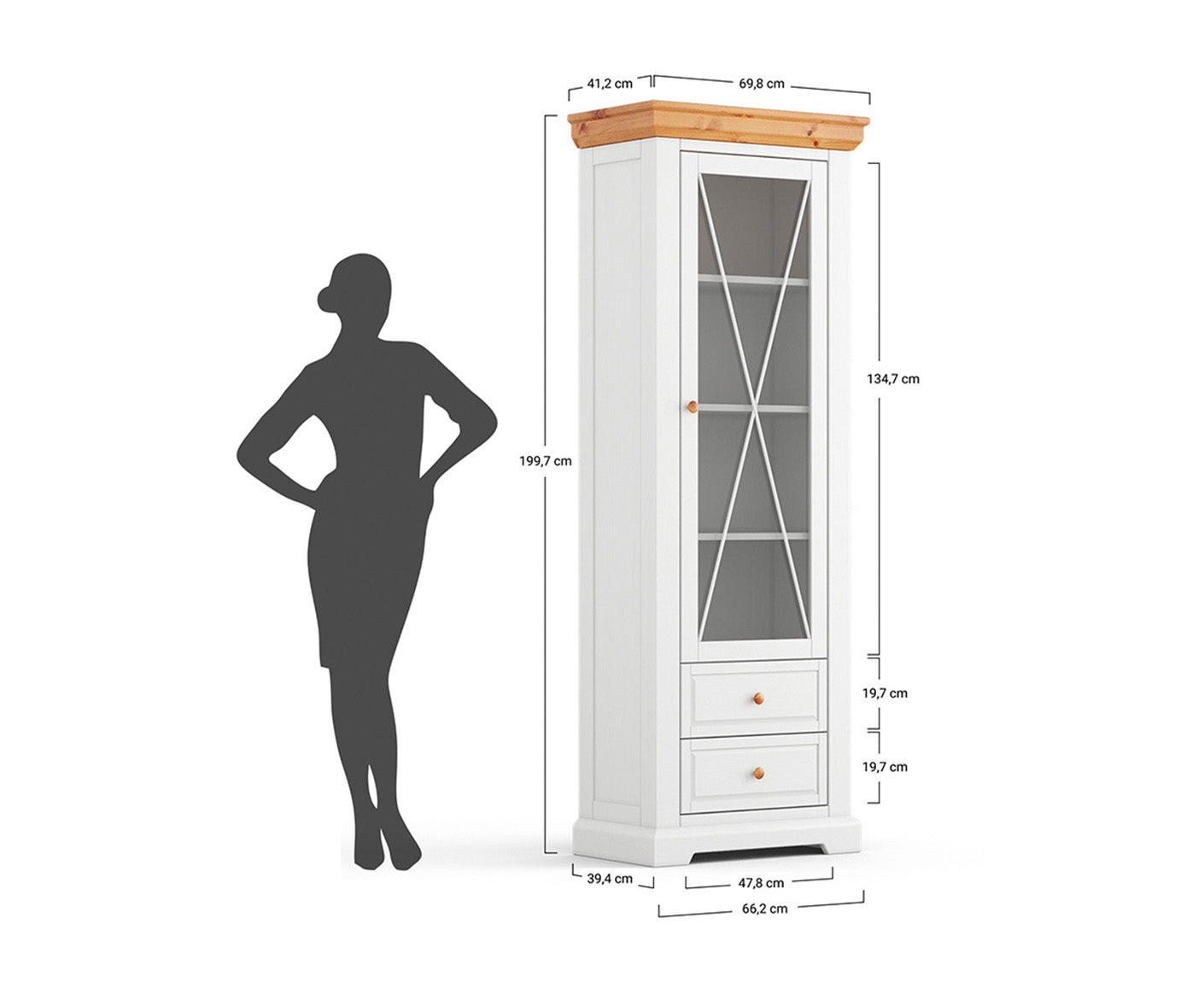 Marone Elite Standvitrine Massivholz Weiß / Grau