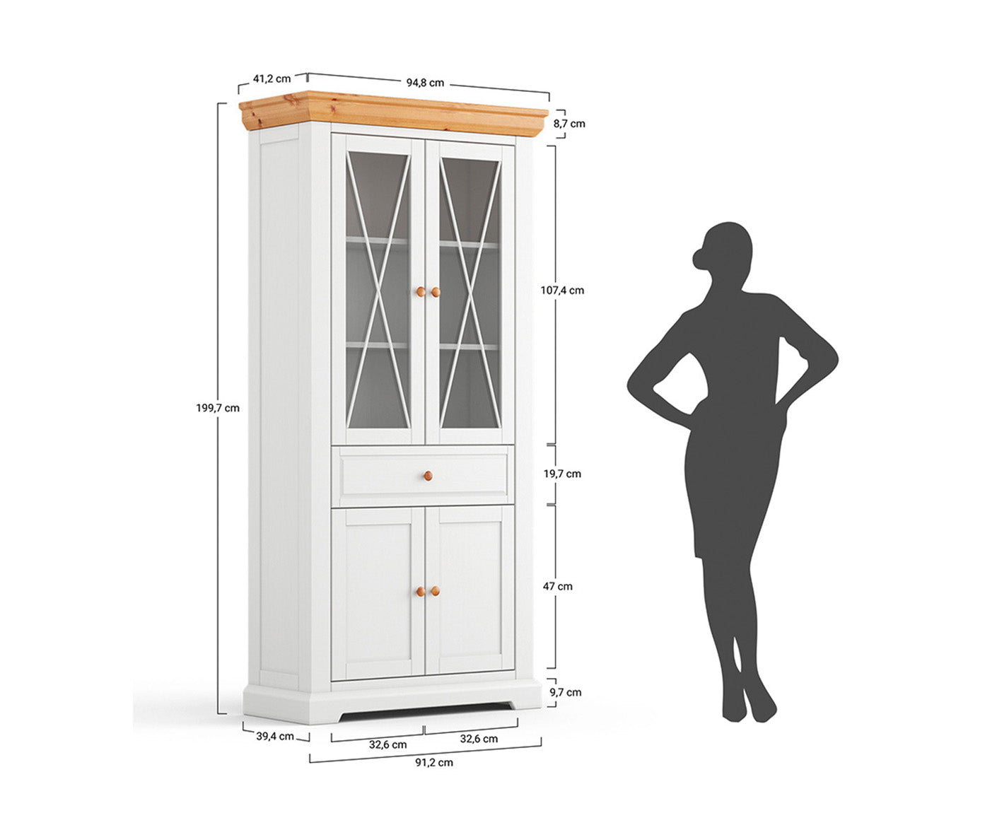 Marone Elite Standvitrine Massivholz 2-türig Weiß / Grau