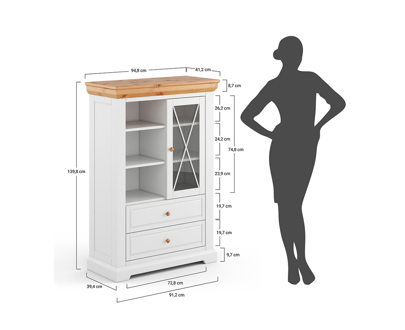 Marone Elite Vitrine Massivholz Weiß / Grau