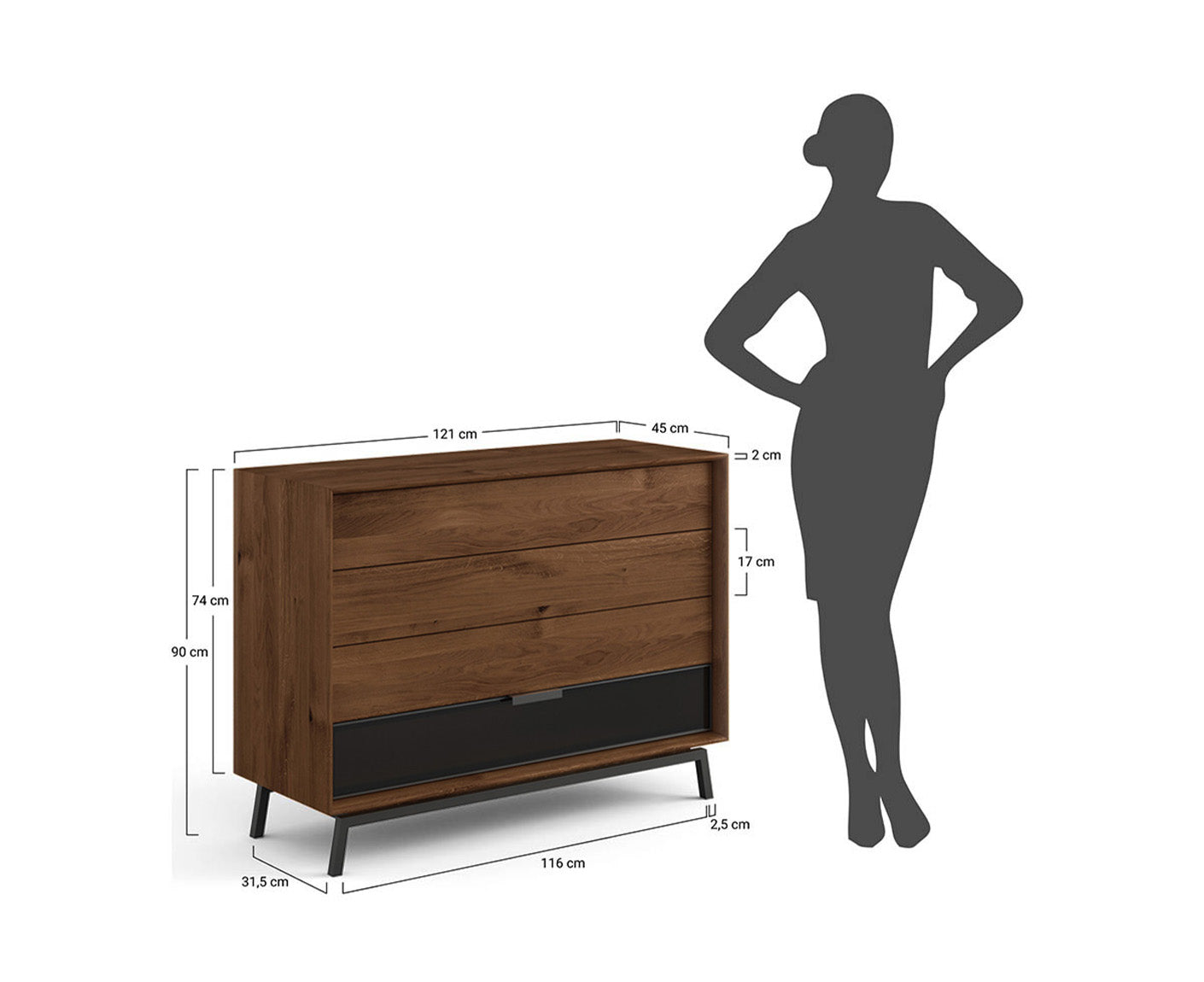 Modern Loft Kommode Massivholz Eiche geölt/Glas Grafit Matt