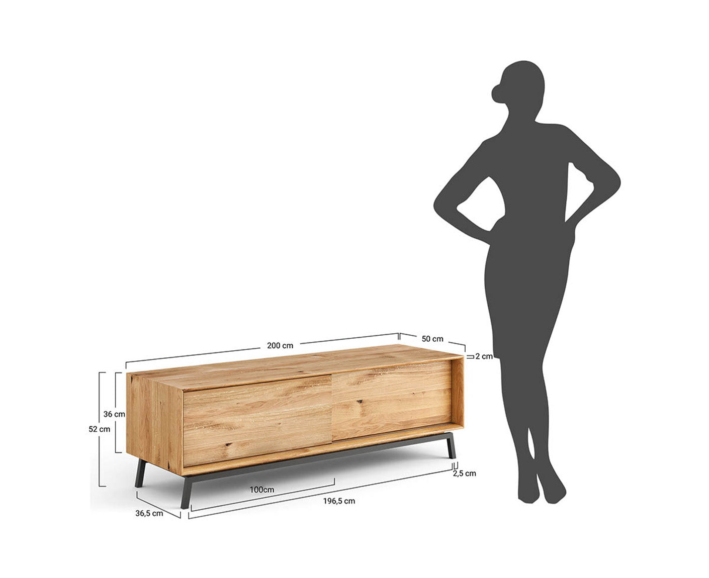 Modern Loft TV-Lowboard 200 cm mit Schublade Massivholz Eiche, geölt