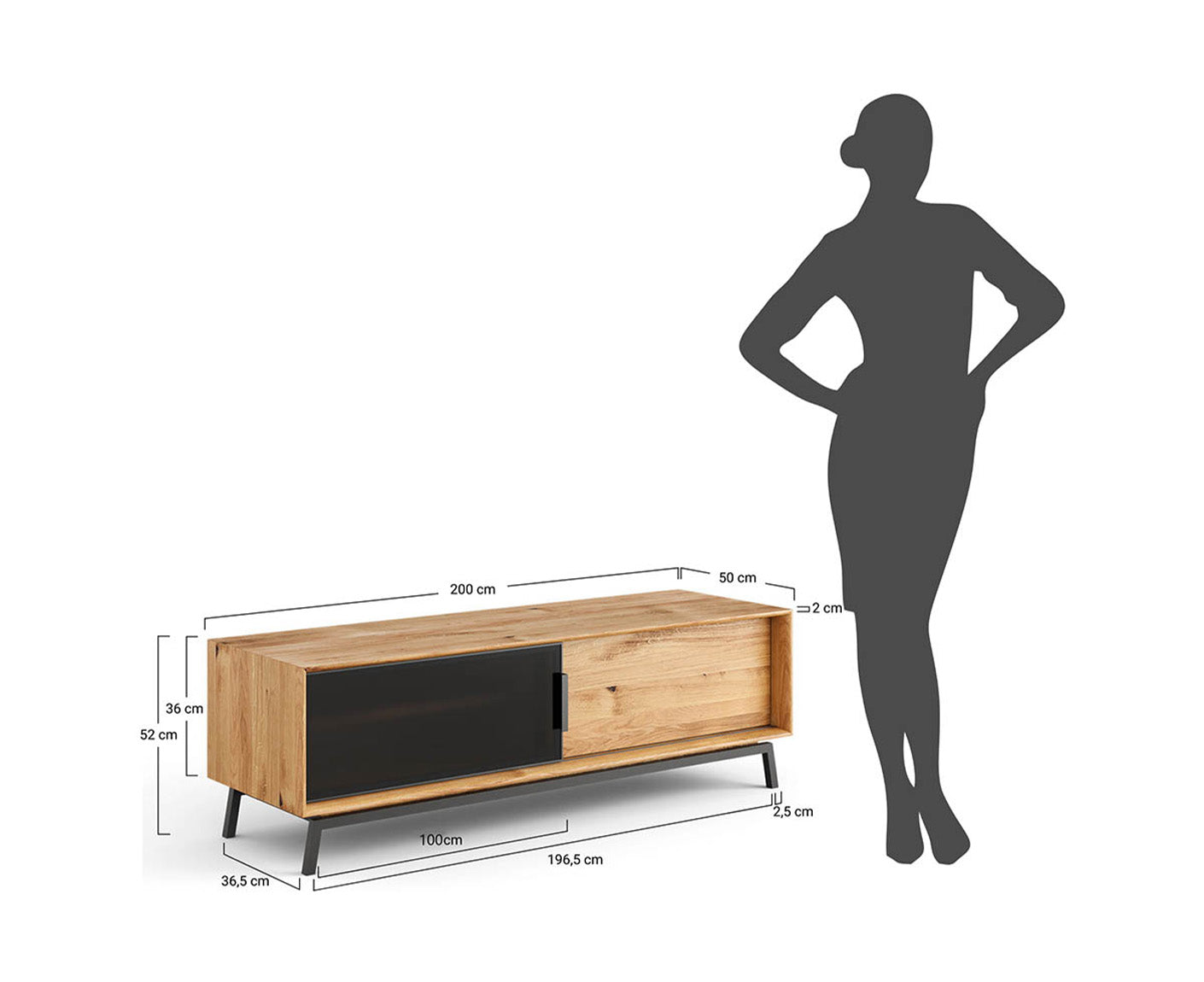 Modern Loft TV-Lowboard 200 cm Massivholz Eiche geölt/Glas Grafit Matt