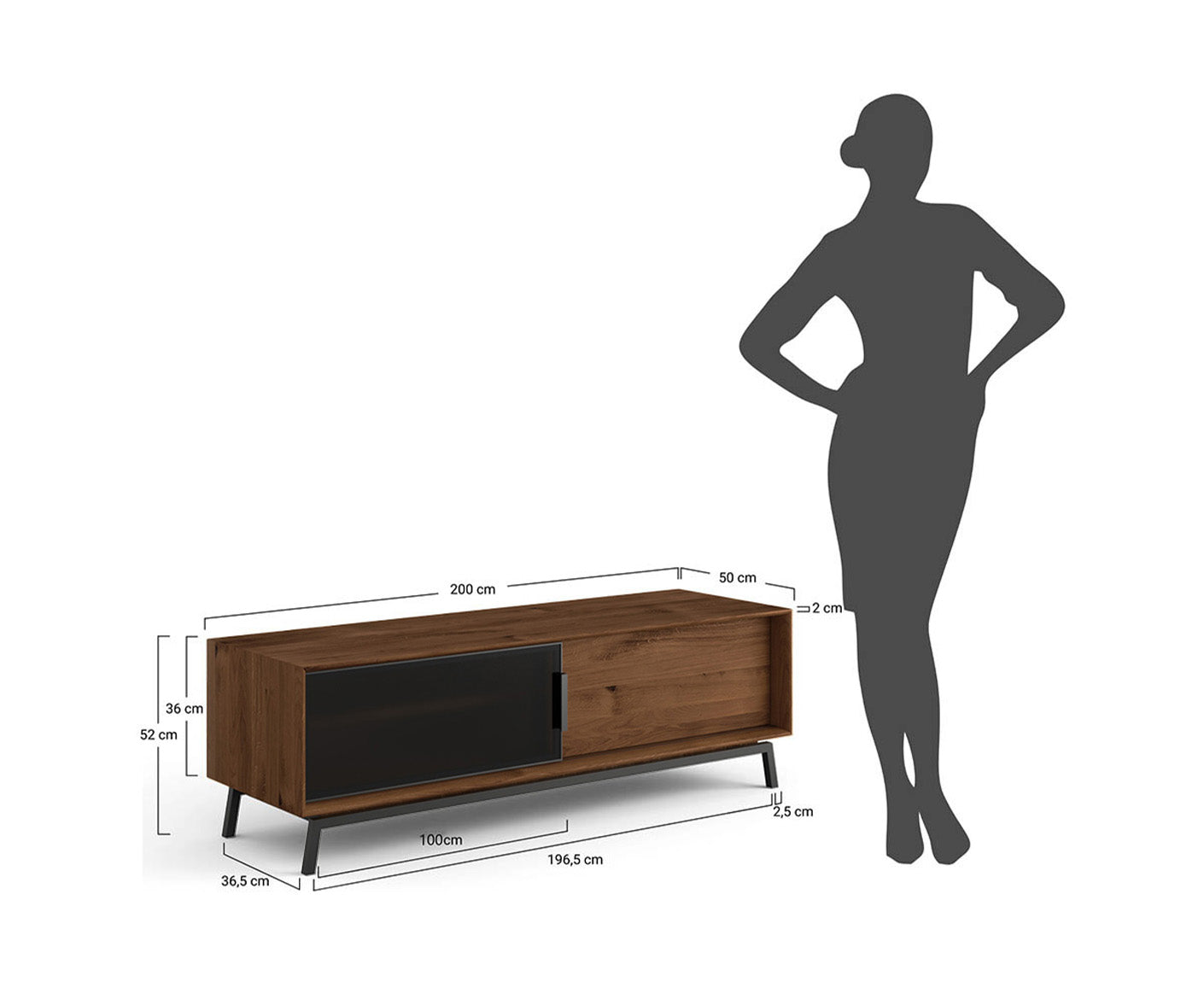 Modern Loft TV-Lowboard 200 cm Massivholz Eiche geölt/Glas Grafit Matt