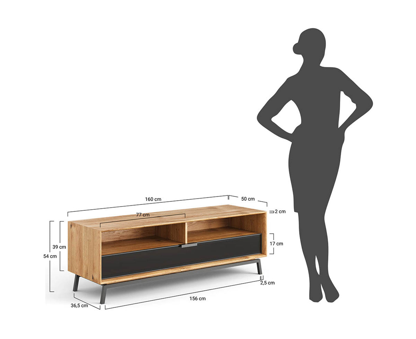 Modern Loft TV-Lowboard 160 cm Massivholz Eiche geölt/Glas Grafit Matt