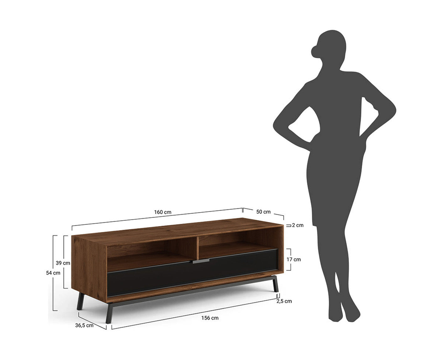 Modern Loft TV-Lowboard 160 cm Massivholz Eiche geölt/Glas Grafit Matt