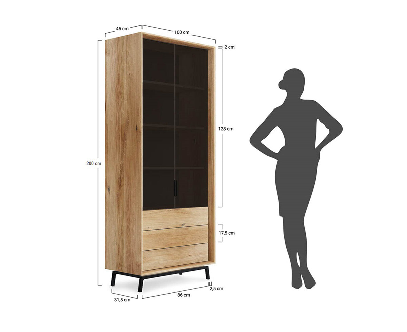 Modern Loft Vitrine Massivholz Eiche geölt/Glas Grafit Matt