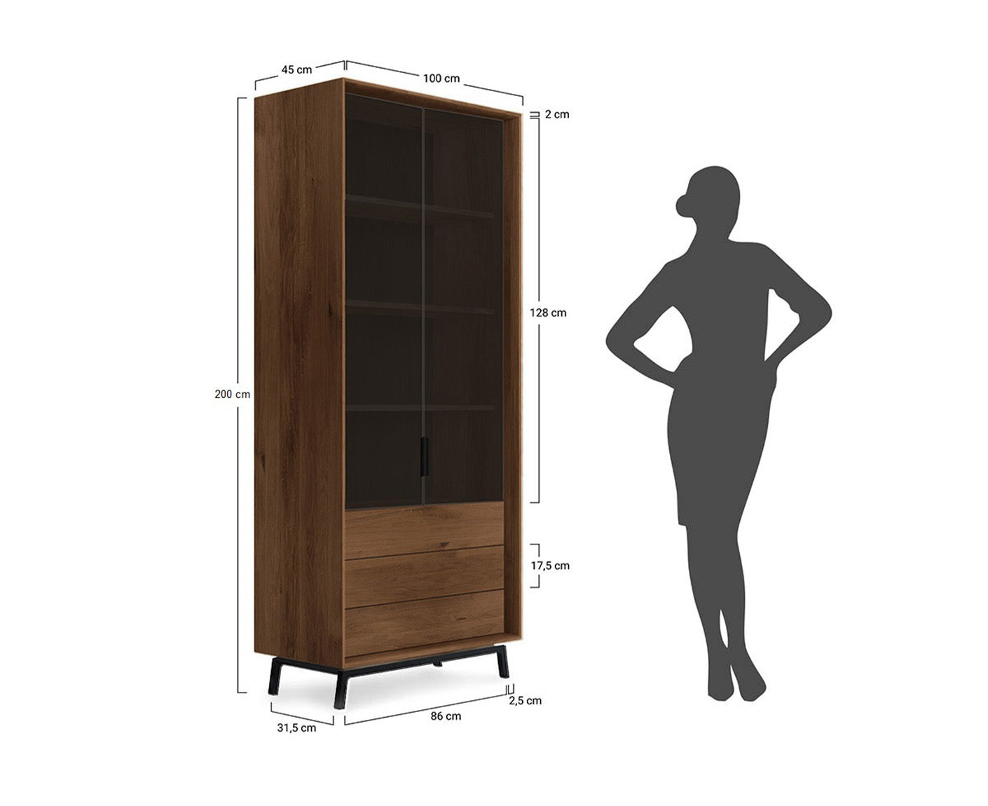Modern Loft Vitrine Massivholz Eiche geölt/Glas Grafit Matt