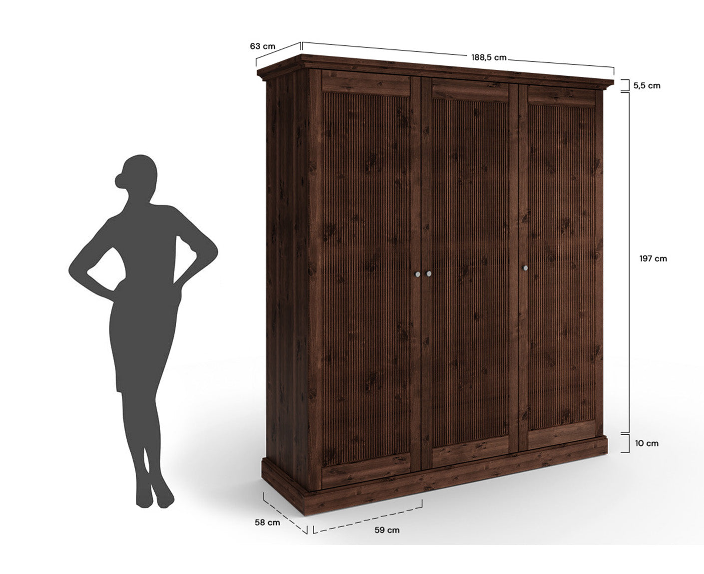 Rosella Kleiderschrank 3-Türig Massivholz Tabacco / Altsilber