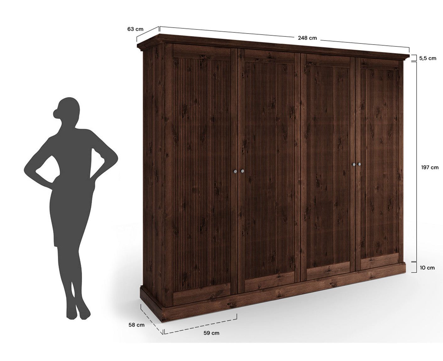 Rosella Kleiderschrank 4-Türig Massivholz Tabacco / Altsilber