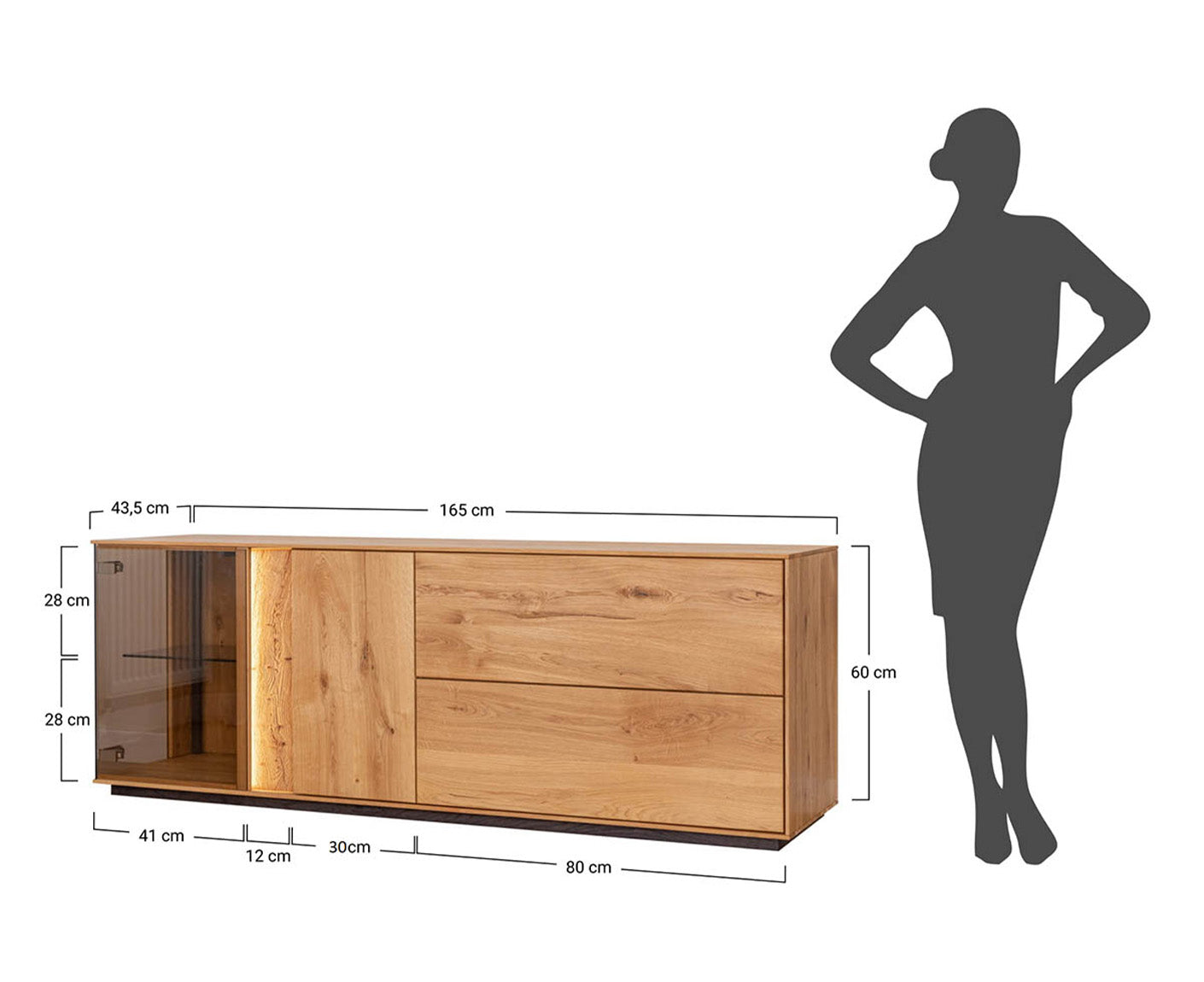 Collodi Lowboard Massivholz Wildeiche / Tabak geölt-Glas getönt, fertig montiert
