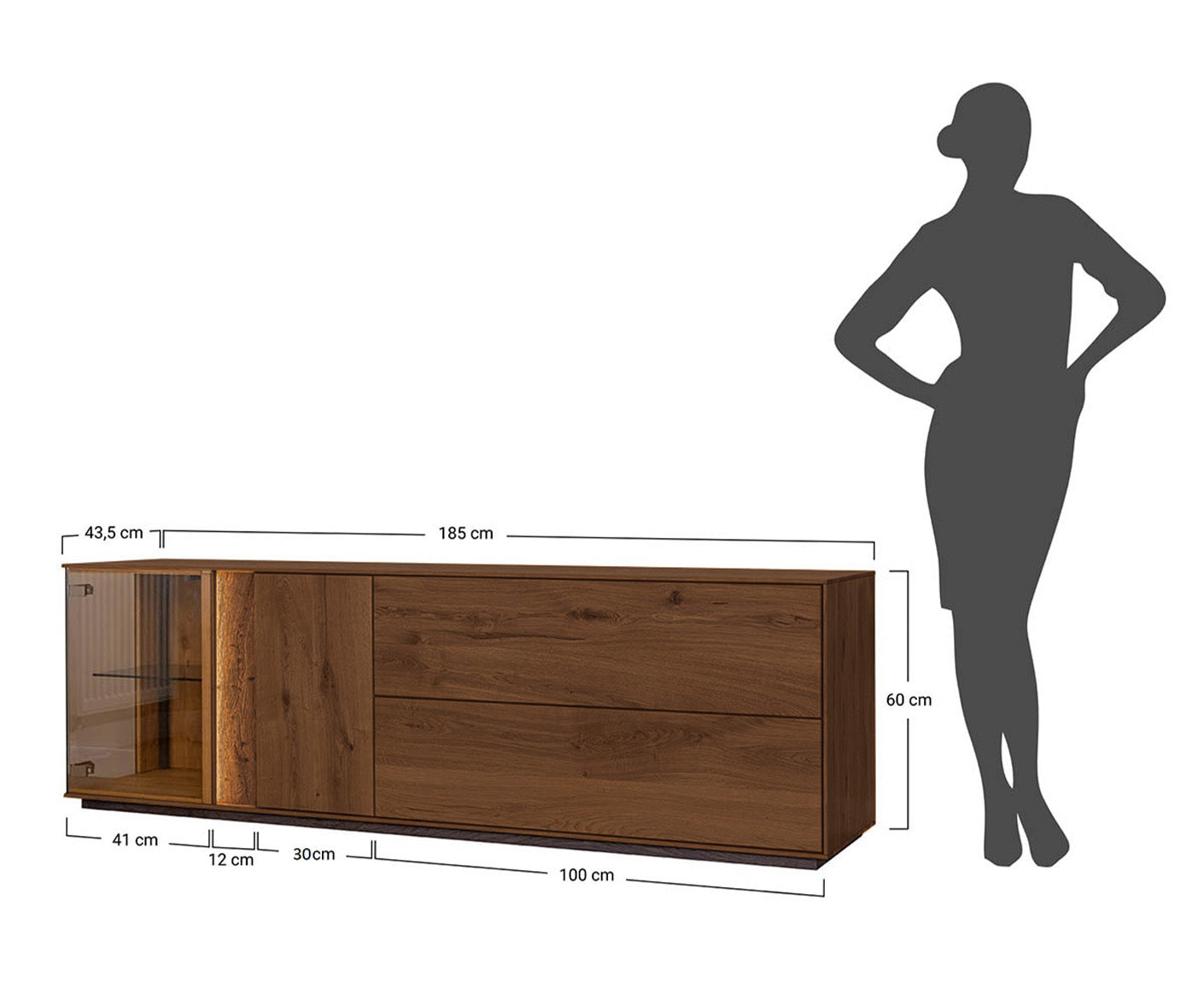 Collodi Lowboard Massivholz Wildeiche / Tabak geölt-Glas getönt, fertig montiert