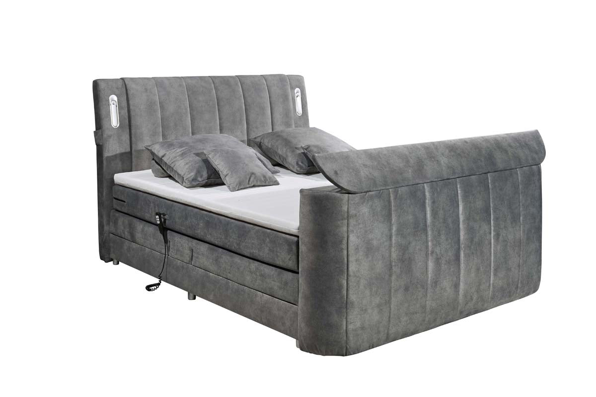 Dallas Boxspringbett 180x200 cm , inkl. Motor & motorisierter TV-Halterung Grau