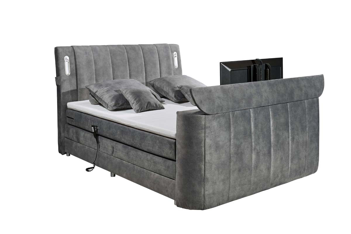 Dallas Boxspringbett 180x200 cm , inkl. Motor & motorisierter TV-Halterung Grau