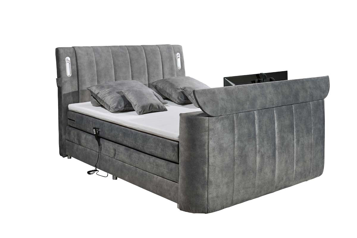 Dallas Boxspringbett 180x200 cm , inkl. Motor & motorisierter TV-Halterung Grau