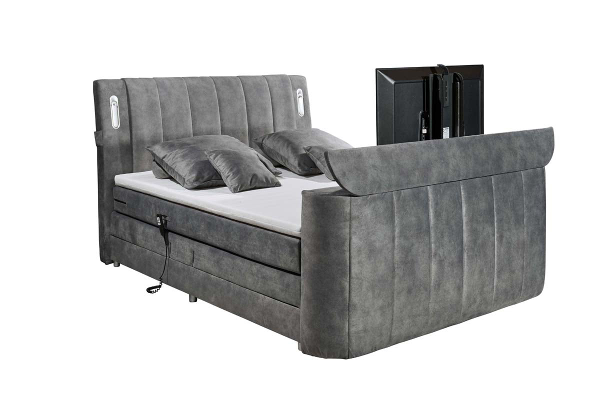 Dallas Boxspringbett 180x200 cm , inkl. Motor & motorisierter TV-Halterung Grau