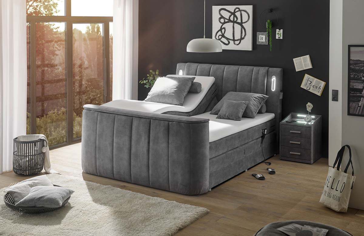 Dallas Boxspringbett 180x200 cm , inkl. Motor & motorisierter TV-Halterung Grau