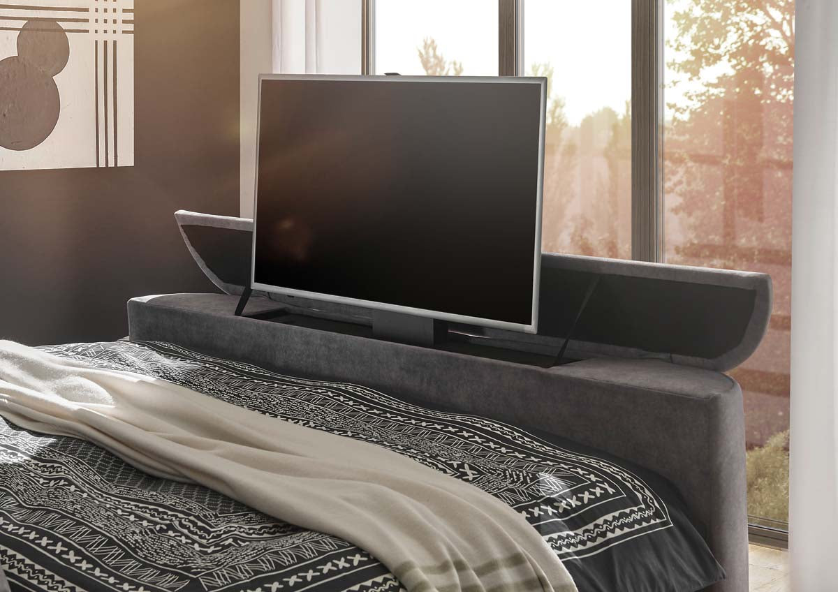 Dallas Boxspringbett 180x200 cm , inkl. Motor & motorisierter TV-Halterung Grau