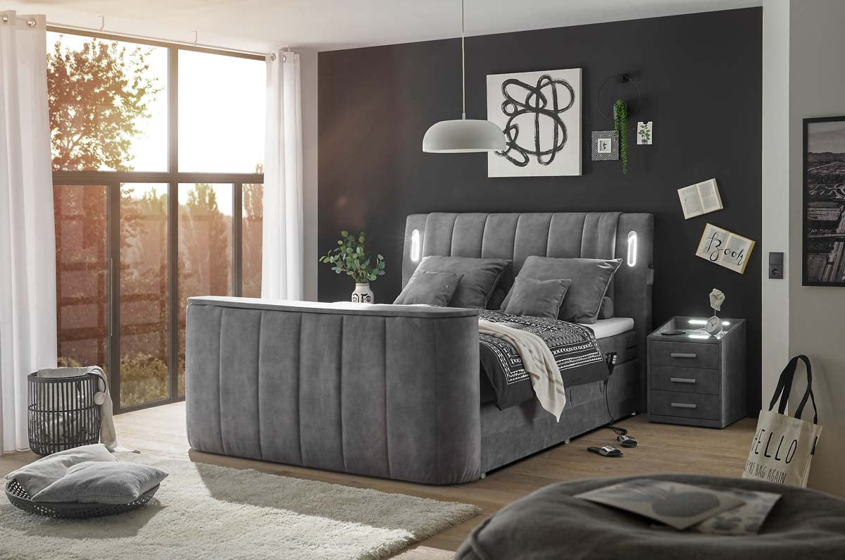 Dallas Boxspringbett 180x200 cm , inkl. Motor & motorisierter TV-Halterung Grau