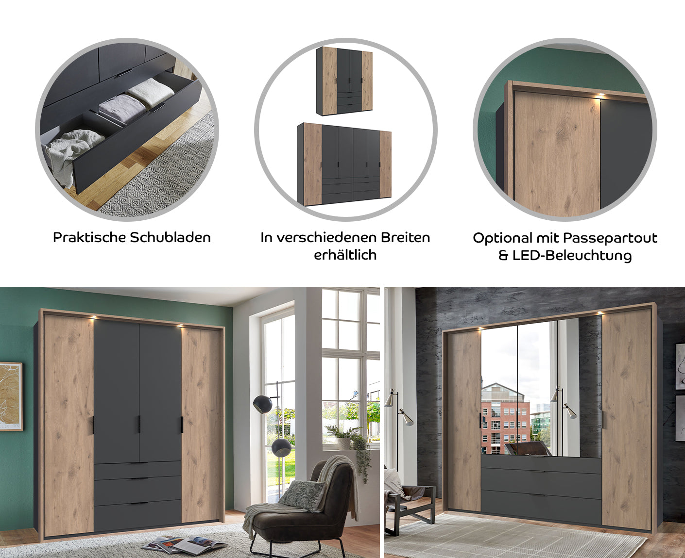 Burgos Kleiderschrank Drehtürenschrank mit Spiegel Graphit / Viking Oak (Eiche Nachbildung)