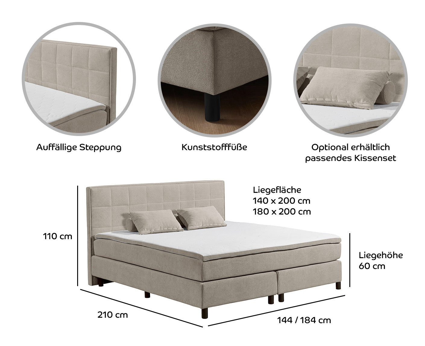 Pastida Boxbett / Polsterbett 140x200 - 180x200 cm