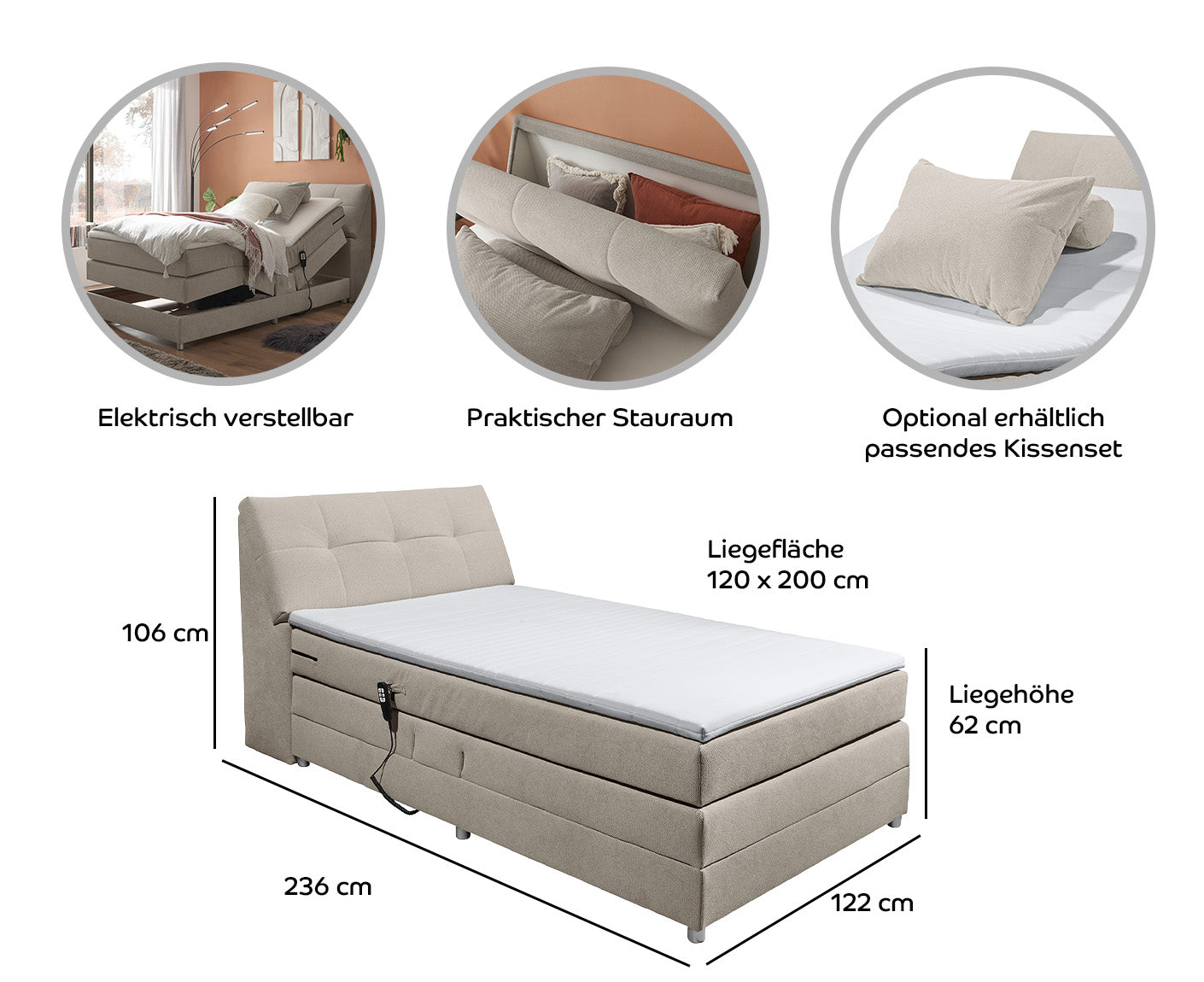Toulouse A Boxspringbett 120 x 200 cm, inkl. Motor
