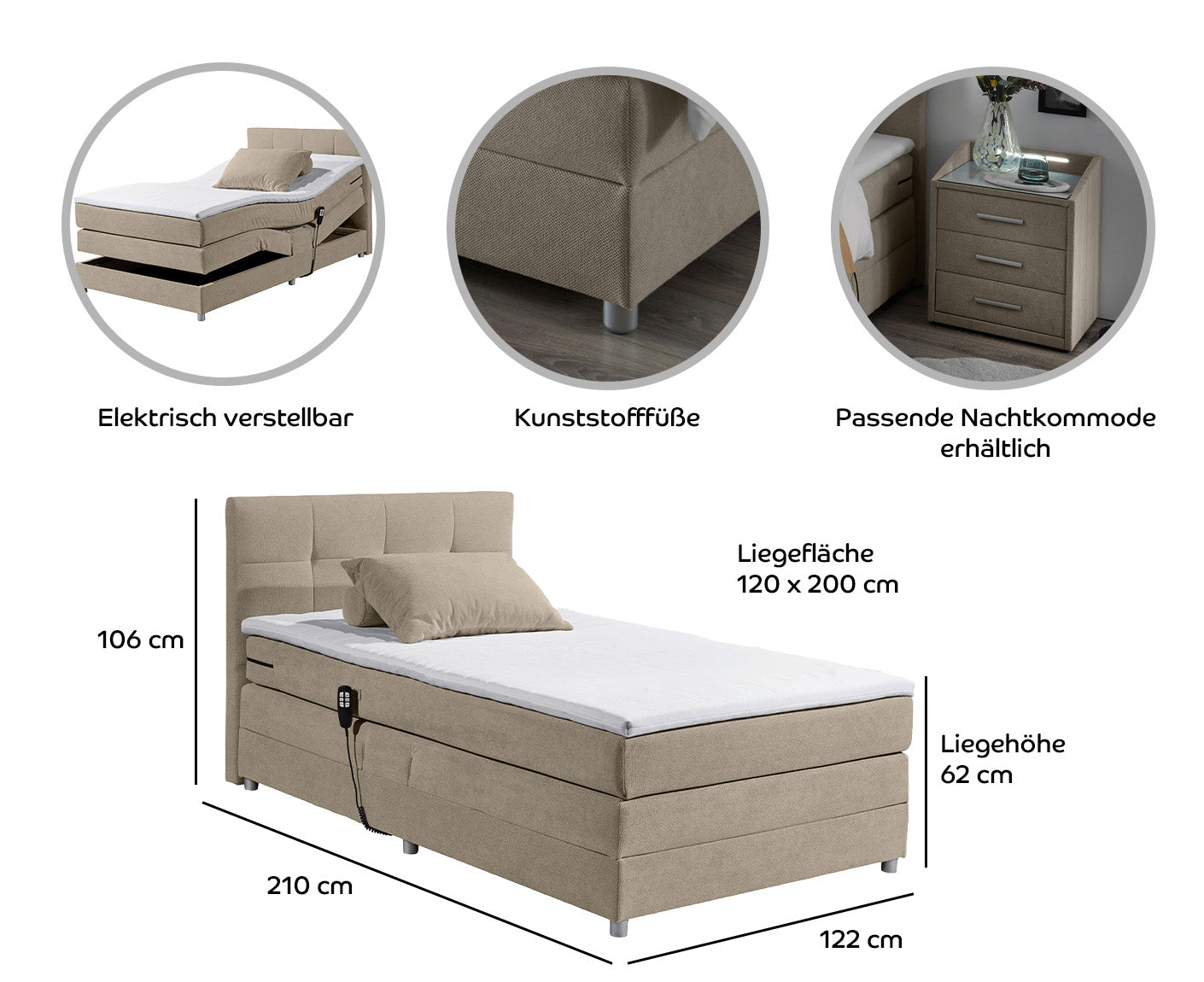 Toulouse B Boxspringbett 120 x 200 cm, inkl. Motor