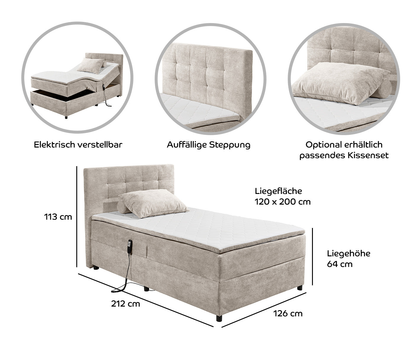 Westwood Boxbett / Polsterbett 120 x 200 cm, inkl. Motor