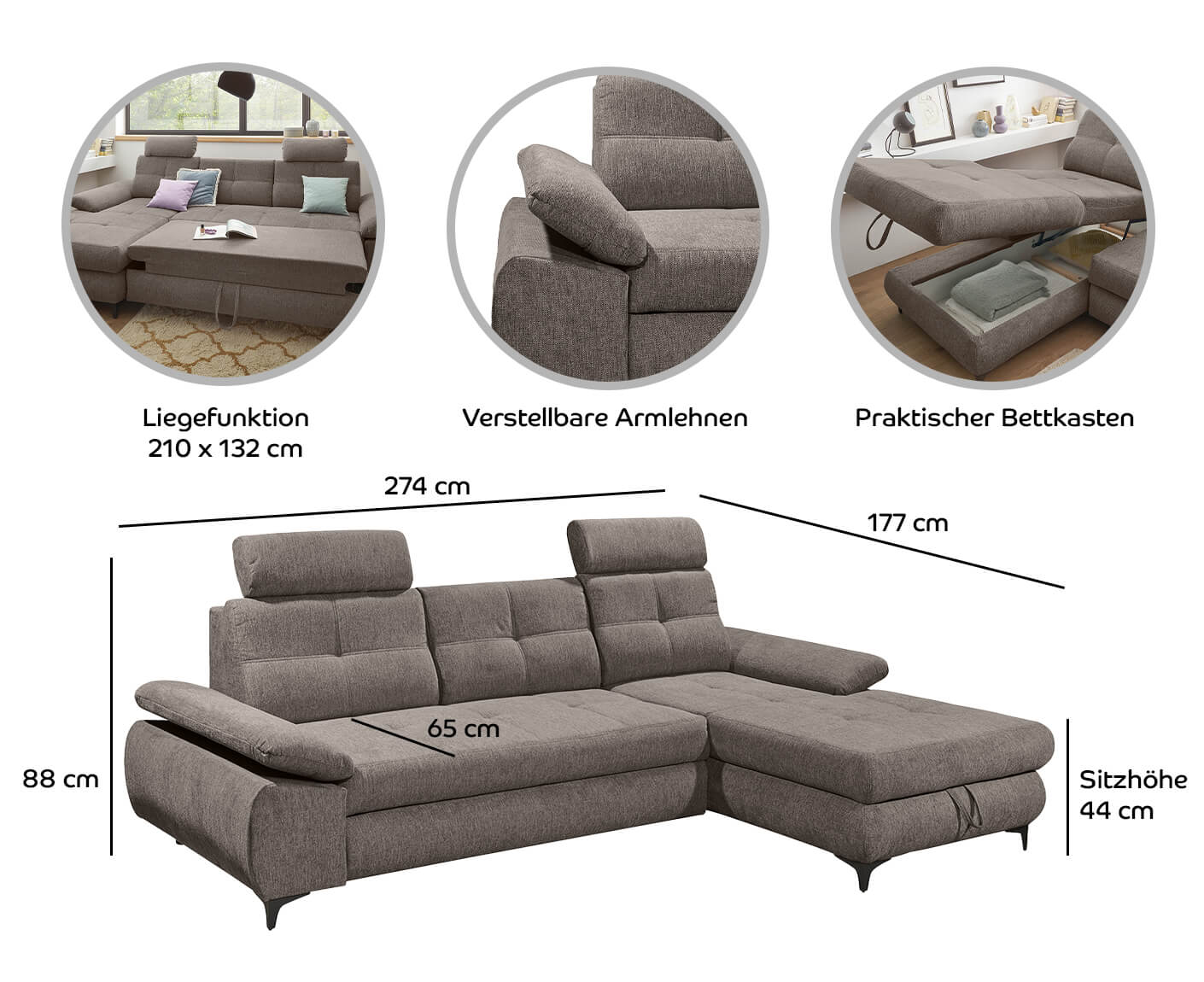 Altona Ecksofa 274 x 177 cm, mit Schlaffunktion & Bettkasten