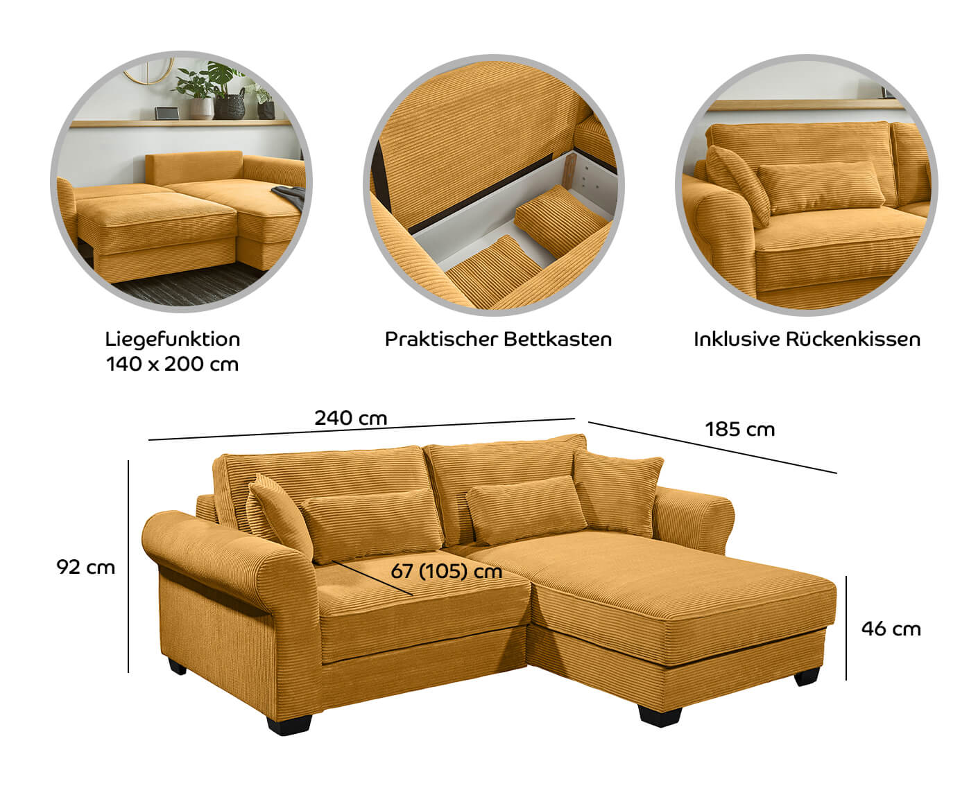 Angelina Ecksofa 255 x 185 cm, mit Schlaffunktion & Bettkasten