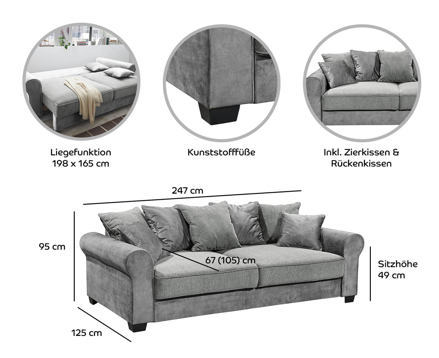 Aurelia 3-Sitzer, 247x125 cm, mit Schlaffunktion & Bettkasten