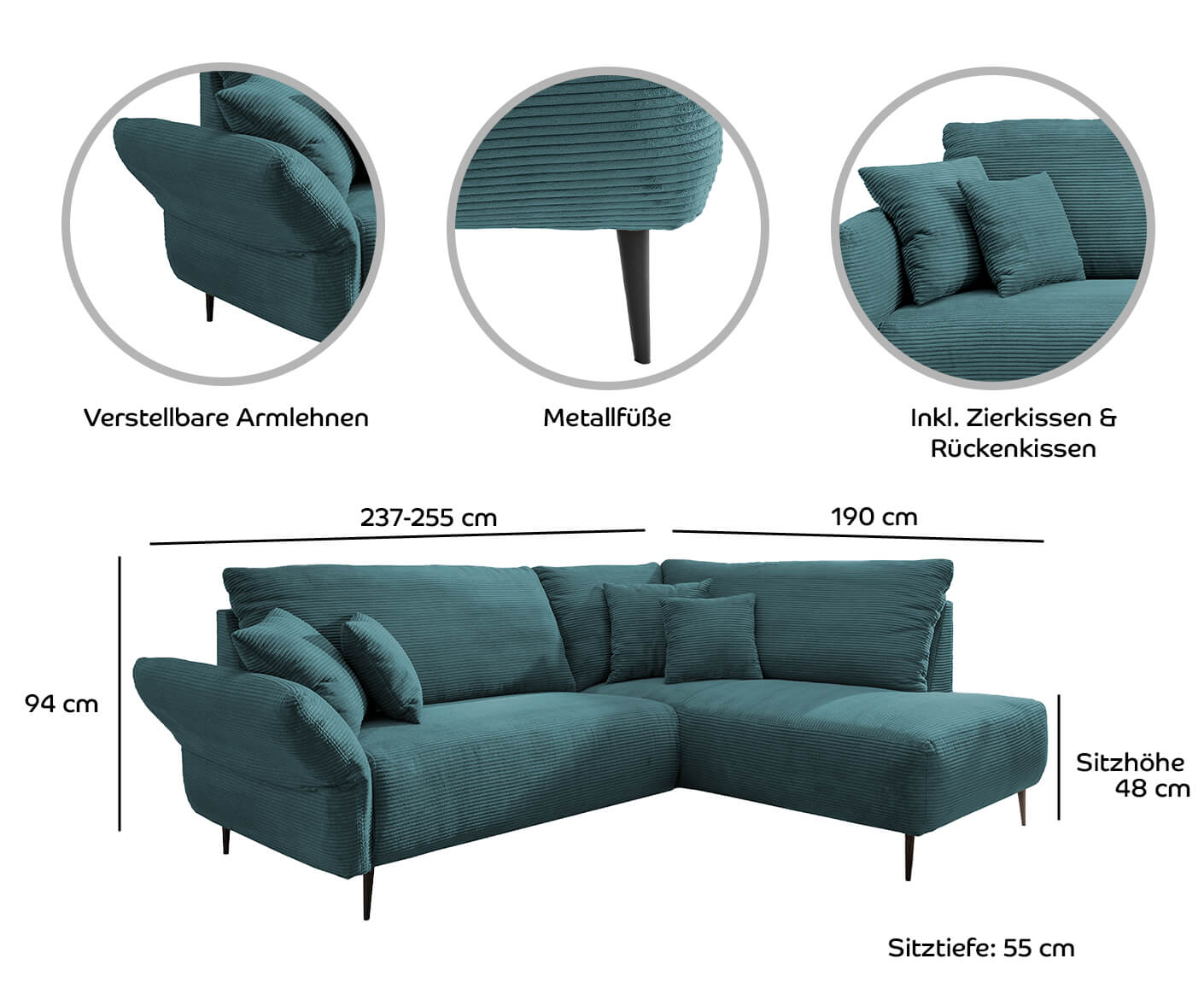 Viterbo Ecksofa 237-255 x 190 cm, Cord