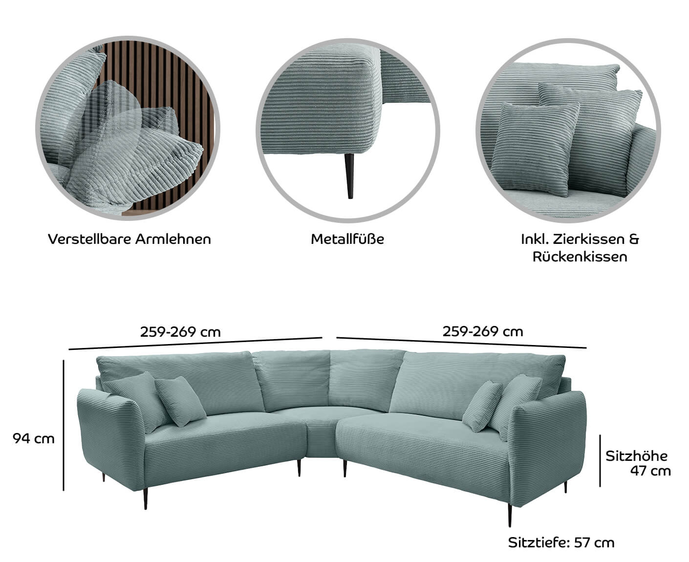 Viterbo Ecksofa 256-269 x 256-269 cm, mit Trapezecke, Cord