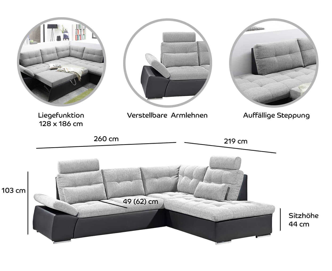 Jakarta Ecksofa 260x219 cm, mit Schlaffunktion
