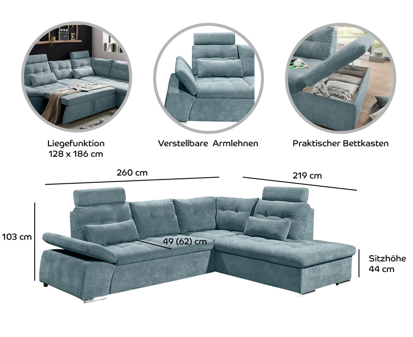 Nalo Ecksofa 260x219 cm, mit Schlaffunktion