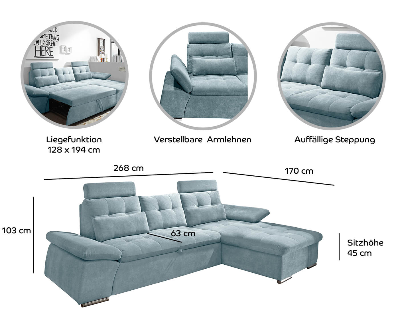 Nalo Ecksofa Longchair 268x170 cm, mit Schlaffunktion